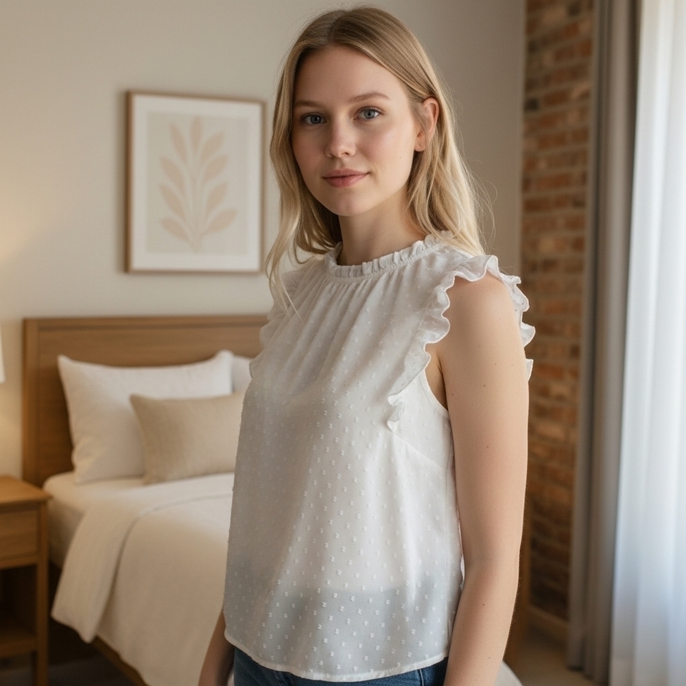 NWT White Grace Karin Sleeveless Ruffles Top - M